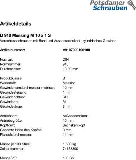 100 Verschlussschrauben DIN 910 Messing M10x1 Ms