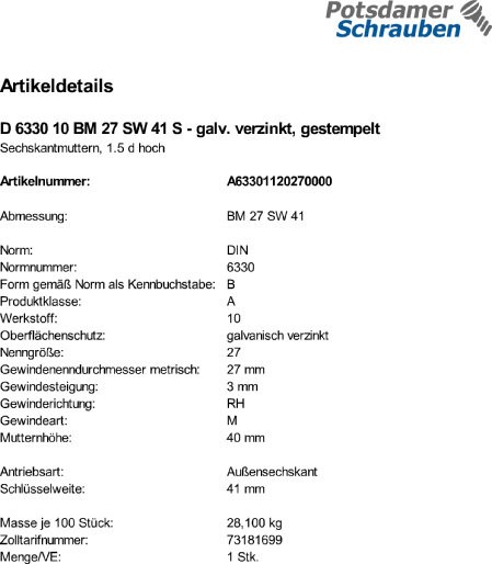 1 Sechskantmuttern DIN 6330 10 BM27 SW 41 verzinkt, gestempelt Stahl