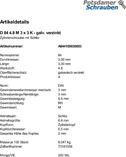 200 Schlitz Zylinderschrauben DIN 84 4.8 verzinkt M3x3