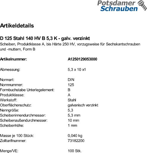 100 Unterlegscheiben DIN 125 verzinkt 140HV Form B 5,3 Ø M5