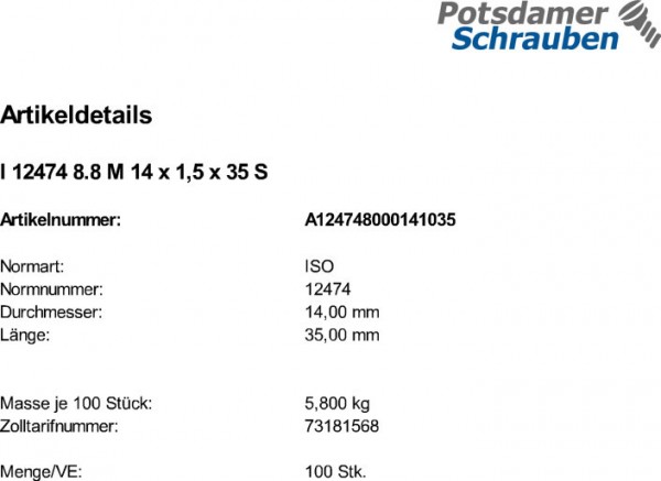100 Innensechskant Feingewinde Zylinderschrauben ISO 12474 8.8 M14x1,5x35