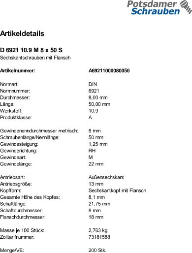 200 Sechskant Flanschschrauben DIN 6921 10.9 Stahl M8x50