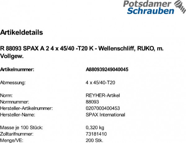 200 SPAX Edelstahl V2A Pan Head Halbrundkopfschrauben A2 TX 4x45 /40 TORX