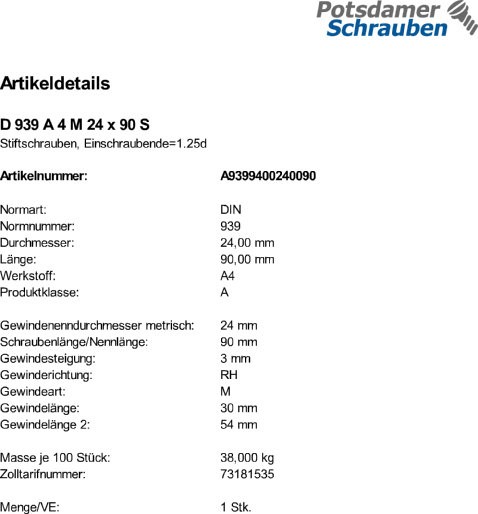 1 Stiftschrauben DIN 939 A4 M24x90 V4A Edelstahl