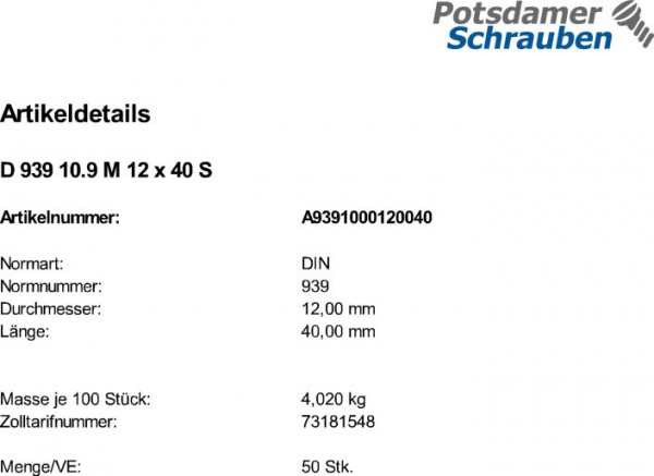 50 Stiftschrauben DIN 939 10.9 M12x40 Stahl