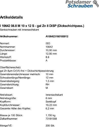 200 Innensechskant Senkkopfschrauben ISO 10642 8.8 M10x12 8 DiSP