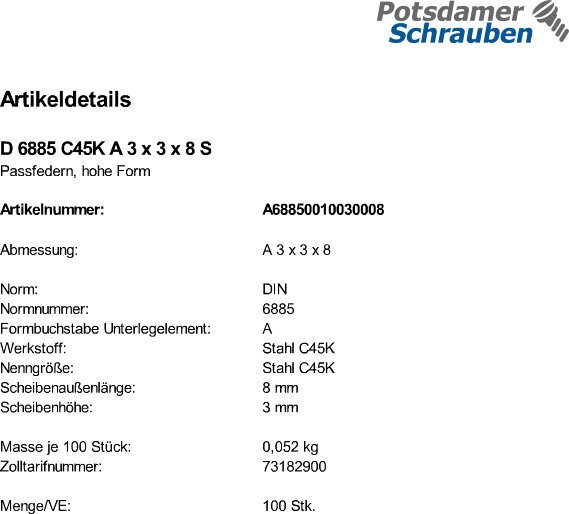 100 Passfedern DIN 6885 C45K A 3x3x8 Stahl