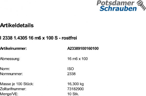 10 Edelstahl A1 Zylinderstifte ISO 2338 1.4305 16 m6 x 100