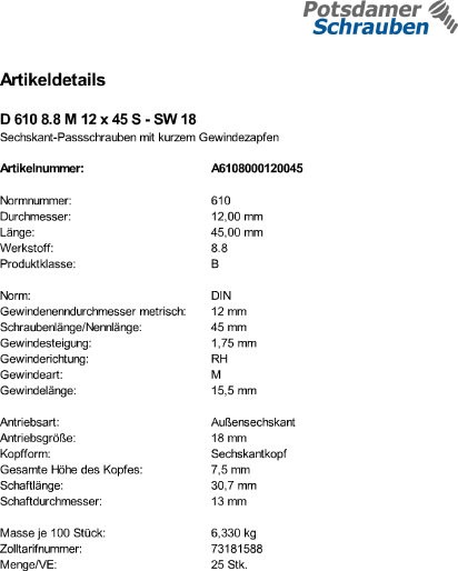 25 Sechskant Paßschrauben DIN 610 8.8 M12x45 Stahl