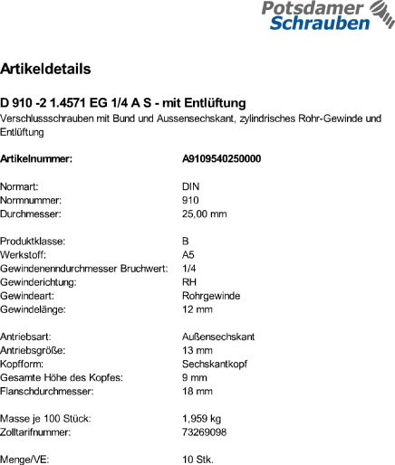 10 Verschlussschrauben DIN 910 -2 1.4571 EG 1/4 A mit Entlüftung A 5 Edelstahl