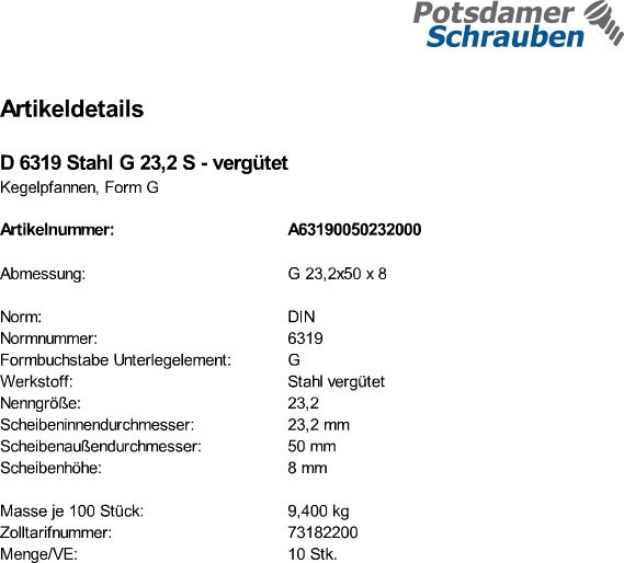 10 Kegelpfannen DIN 6319 Stahl G 23,2 vergütet