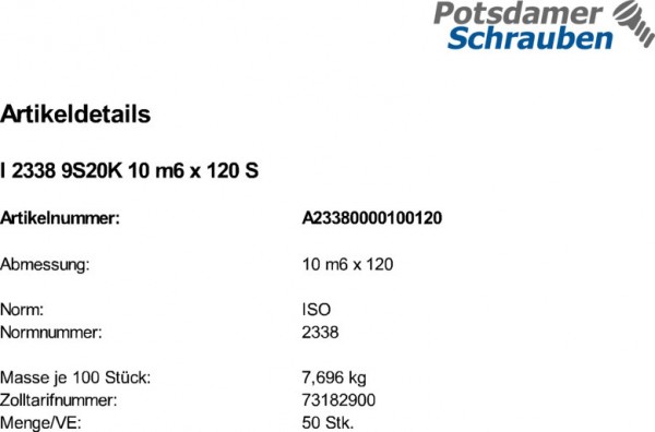 50 Zylinderstifte ISO 2338 Stahl 9S20K 10 m6 x 120