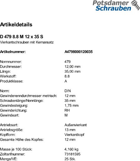 25 Vierkantschrauben DIN 479 8.8 Stahl M12x35