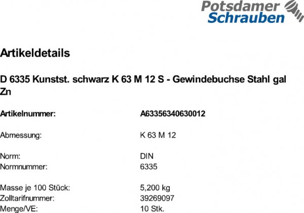 10 Kreuzgriffe DIN 6335 Kunststoff schwarz K 63 M12 Gewindebuchse Stahl KU-St