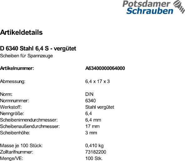 100 Scheiben DIN 6340 Stahl 6,4 vergütet