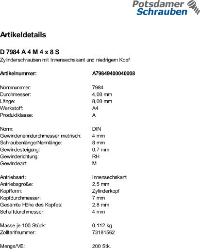 200 Edelstahl V4A Innensechskant Zylinderkopfschrauben niedrig DIN 7984 A4 M4x8
