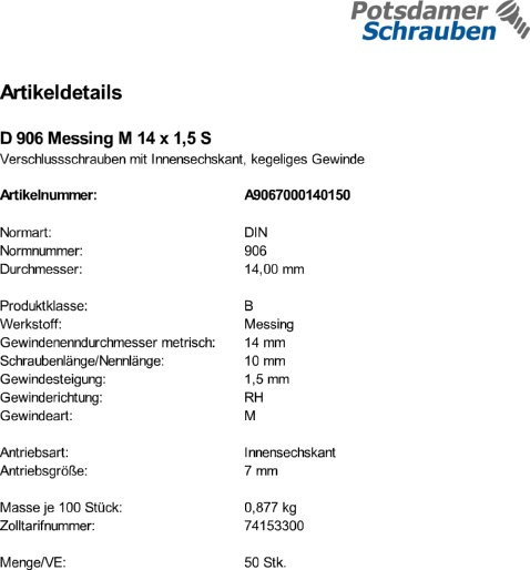 50 Verschlußschrauben DIN 906 Messing M14x1,5 Ms