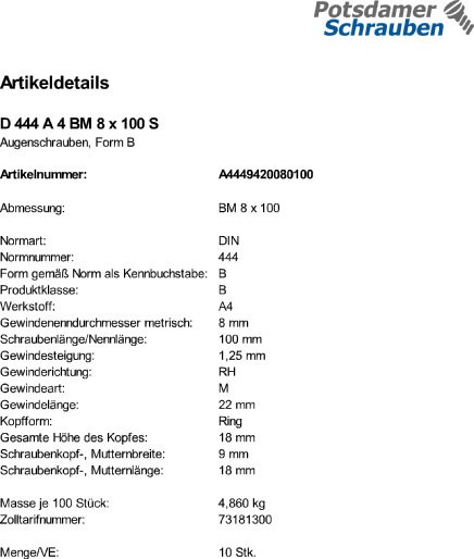 10 Edelstahl V4A Augenschrauben DIN 444 A4 BM8x100