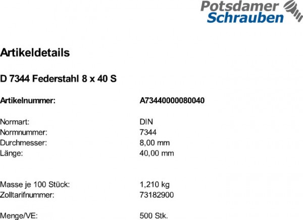 500 Spiral Spannstifte DIN 7344 Federstahl 8x40