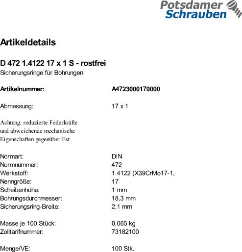 100 Edelstahl Sicherungsringe DIN 472 1.4122 17x1
