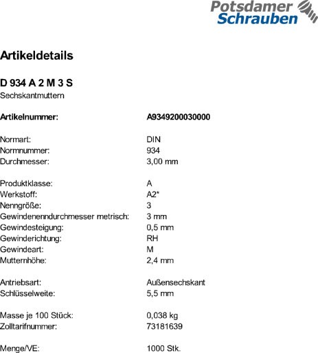 1000 Edelstahl V2A Sechskantmuttern DIN 934 A2 M3