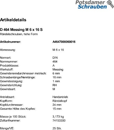 25 Rändelschrauben DIN 464 Messing M6x16