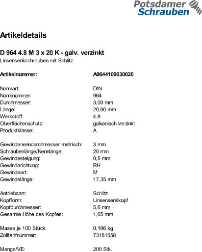 200 Schlitz Linsensenkschrauben DIN 964 4.8 verzinkt M3x20