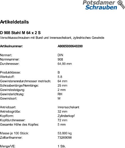 1 Verschlußschrauben DIN 908 Stahl M64x2