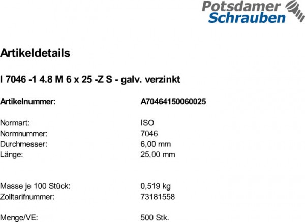 500 Krz. Senkkopfschrauben ISO 7046 -1 4.8 -Z verzinkt M6x25