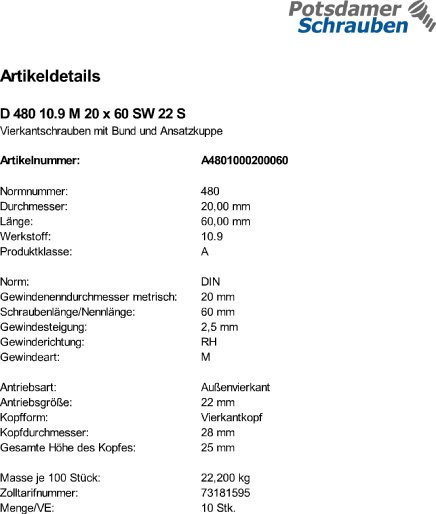 10 Vierkantschrauben DIN 480 10.9 Stahl M20x60
