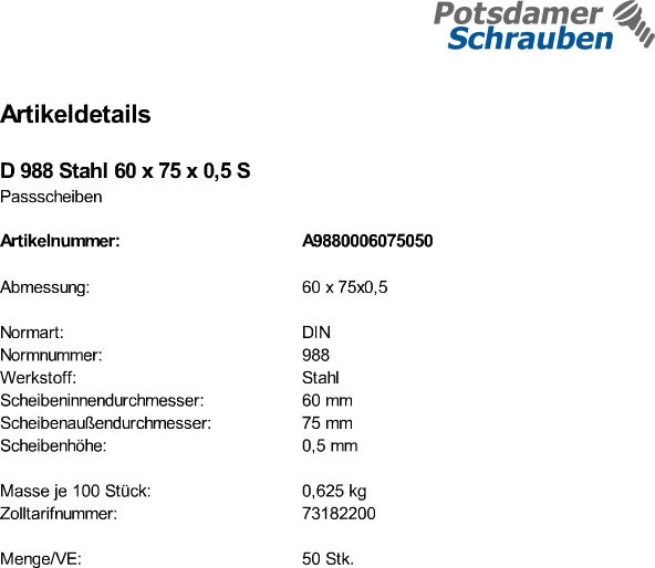 50 Paßscheiben DIN 988 Stahl 60x75x0,5