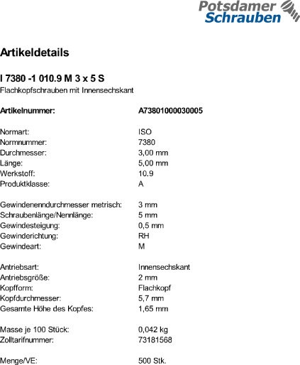 500 Innensechskant Linsenkopfschrauben ISO 7380 -1 10.9 schwarz M3x5