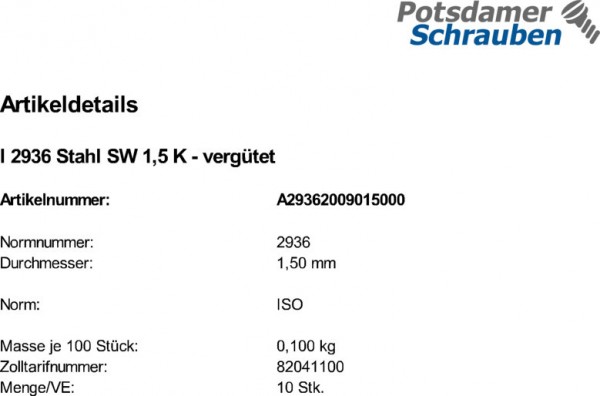 10 Winkelschraubendreher ISO 2936 Stahl SW 1,5 vergütet VE=K