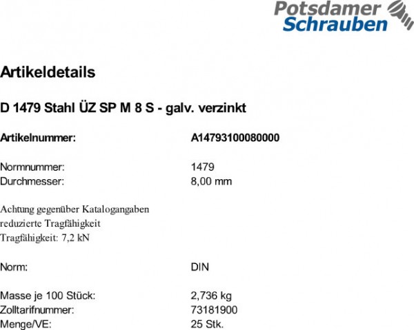 25 Spannschloßmuttern DIN 1479 Stahl ÃZ SP M8 verzinkt
