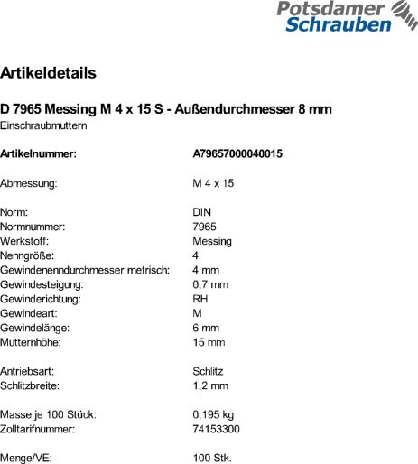 100 Einschraubmuttern DIN 7965 Messing M4x15 Außendurchmesser 8 mMMs