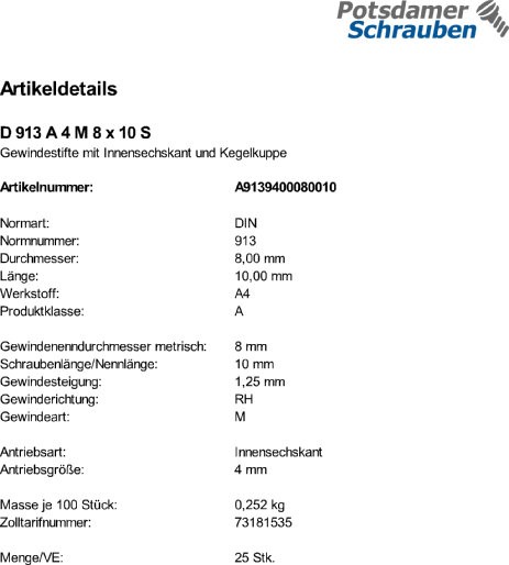 500 Edelstahl Inbus Gewindestifte DIN 913 A4 M8x10