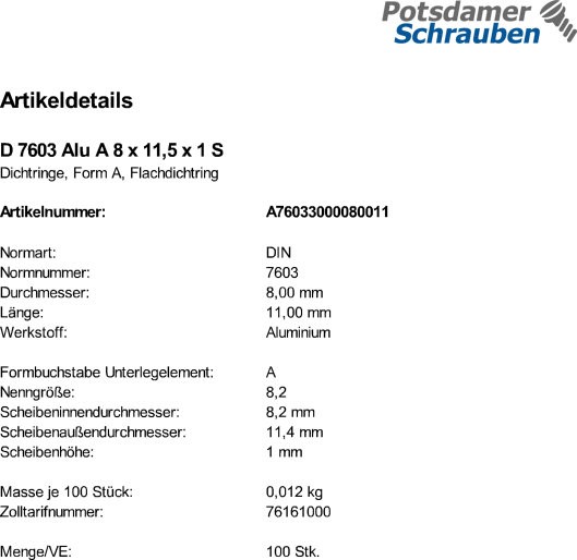 100 Aluminium Dichtringe DIN 7603 Form A 8x11,5x1
