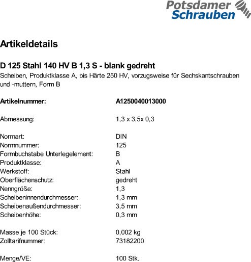 100 Unterlegscheiben DIN 125 Stahl blank 140HV Form B 1,3 Ø M1,2