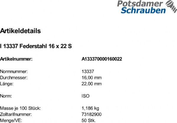 50 Spannstifte Spannhülsen ISO 13337 Federstahl 16x22