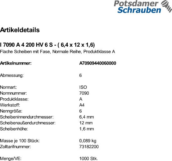 1000 Edelstahl V4A Unterlegscheiben ISO 7090 A4 M6 ( 6,4x12x1,6)