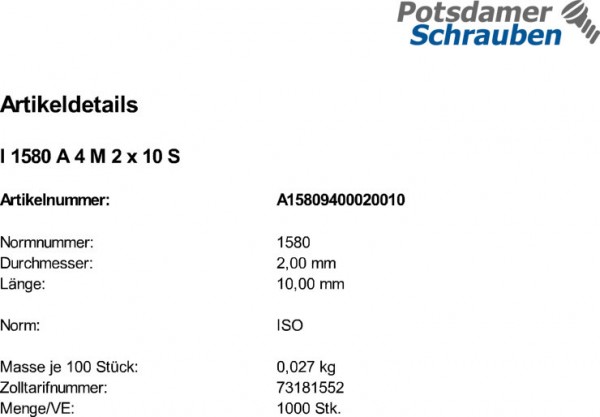 1000 Flachkopfschrauben ISO 1580 A4 M2x10 V4A Edelstahl