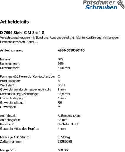 100 Verschlußschrauben DIN 7604 Stahl C M8x1