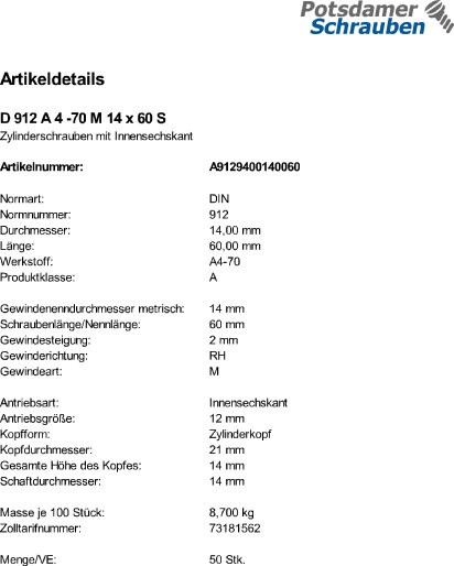 50 Edelstahl V4A Innensechskant Zylinderkopfschrauben DIN 912 A4 -70 M14x60