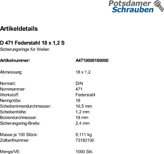 1000 Sicherungsringe DIN 471 Federstahl 18x1,2