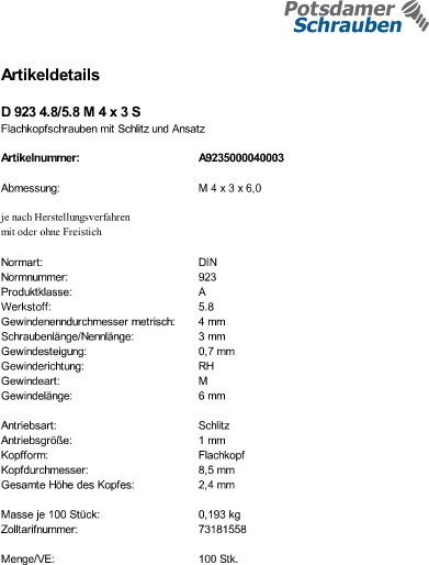 100 Flachkopfschrauben DIN 923 4.8 / 5.8 M4x3 Stahl