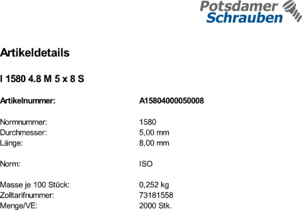 2000 Flachkopfschrauben ISO 1580 4.8 M5x8 Stahl