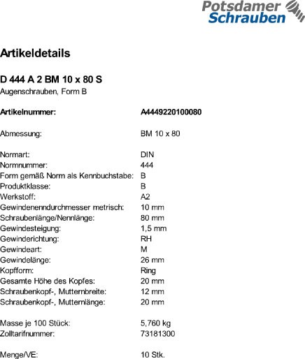 10 Edelstahl V2A Augenschrauben DIN 444 A2 BM10x80