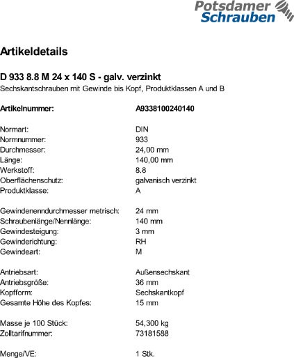 1 Sechskantschrauben DIN 933 8.8 verzinkt M24x140