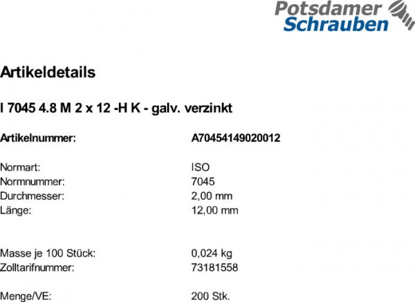 200 Krz. Linsenkopfschrauben ISO 7045 4.8 -H verzinkt M2x12