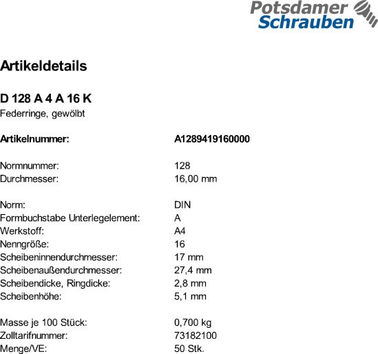 50 Edelstahl V4A Federringe DIN 128 A4 A 16